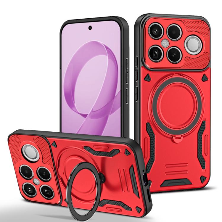 Red MagSafe TPU phone case with rotating ring holder and textured shock-guard corners