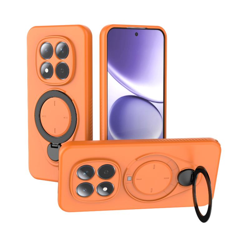 Orange TPU MagSafe phone case with ring holder and 360 rotating stand, front and back views