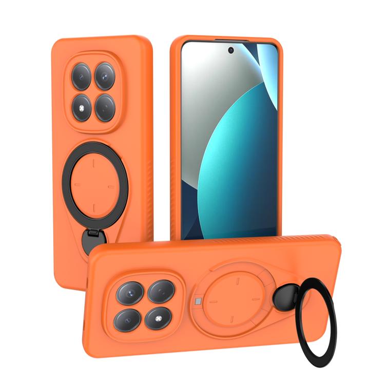 Orange TPU MagSafe phone case with ring holder and 360 rotating stand, dual camera cutouts