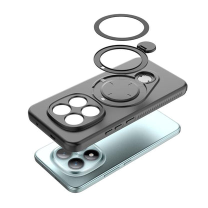 Dark grey MagSafe TPU phone case with rotating ring holder shown over a phone back