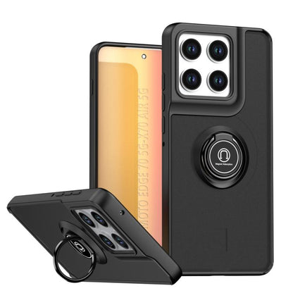 Black rugged phone case with circular kickstand ring and raised camera covers