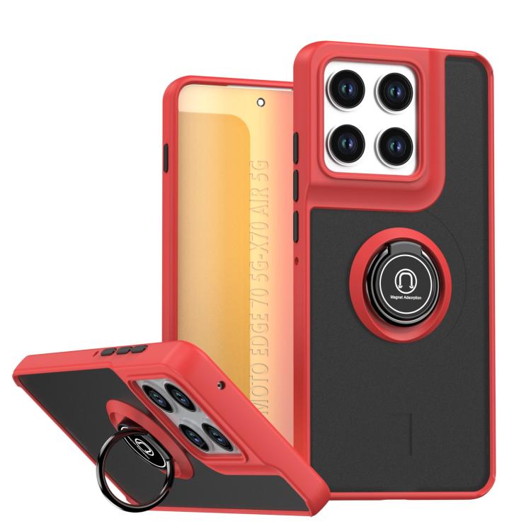 Red and black rugged phone case with circular kickstand ring and raised camera covers