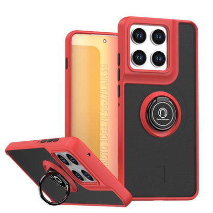 Red and black rugged phone case with circular kickstand ring and raised camera covers