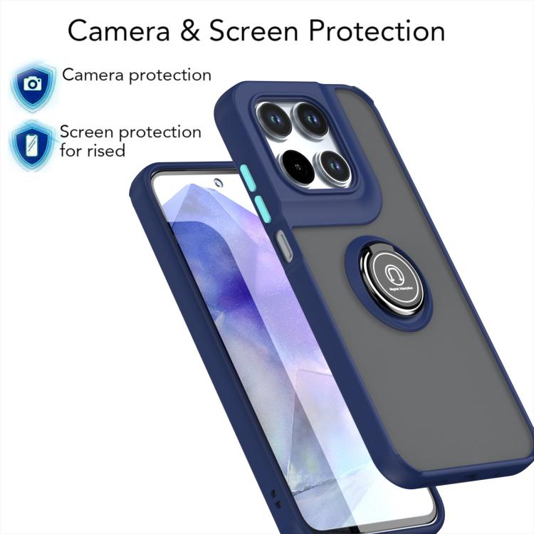 Blue phone case with ring kickstand and raised camera and screen protection