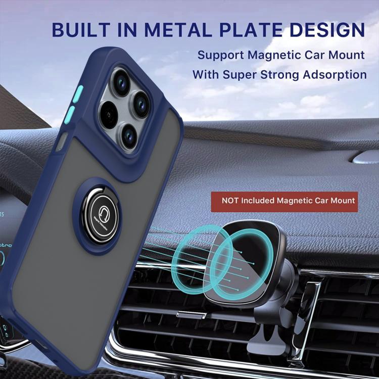 Blue phone case with ring kickstand and metal plate for magnetic car mount support