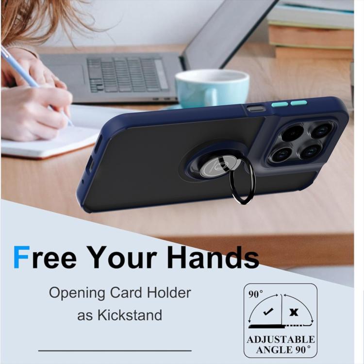 Blue phone case with ring kickstand and opening card holder for easy access