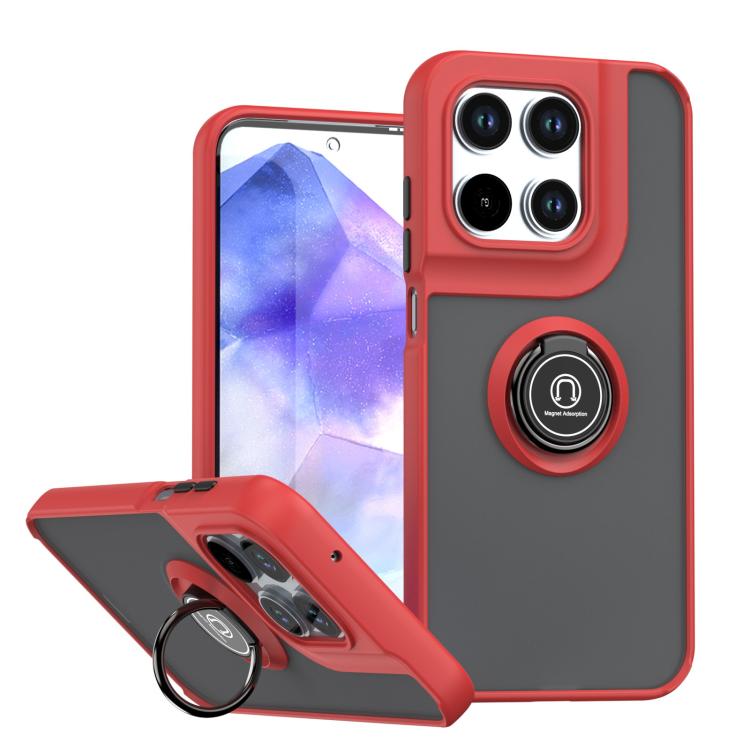 Red and black phone case with ring kickstand and camera cutouts