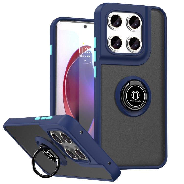 Blue phone case with ring kickstand and camera cutouts for Motorola smartphones