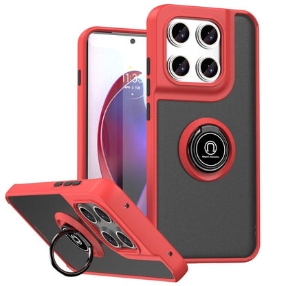 Red and black rugged phone case with circular kickstand ring and raised camera covers