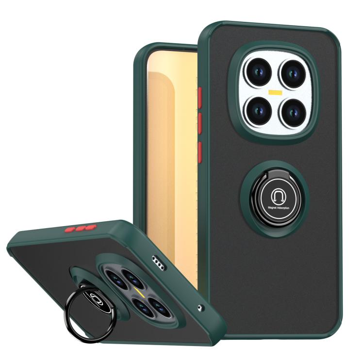 TPU and PC phone case with ring, dark green and black accents, kickstand cover