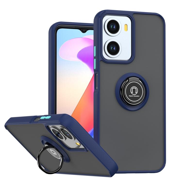 TPU and PC phone case with ring, royal blue and sky blue accents, kickstand cover