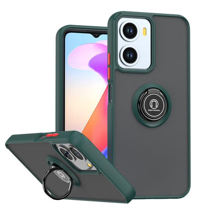 TPU and PC phone case with ring, dark green and red accents, kickstand cover