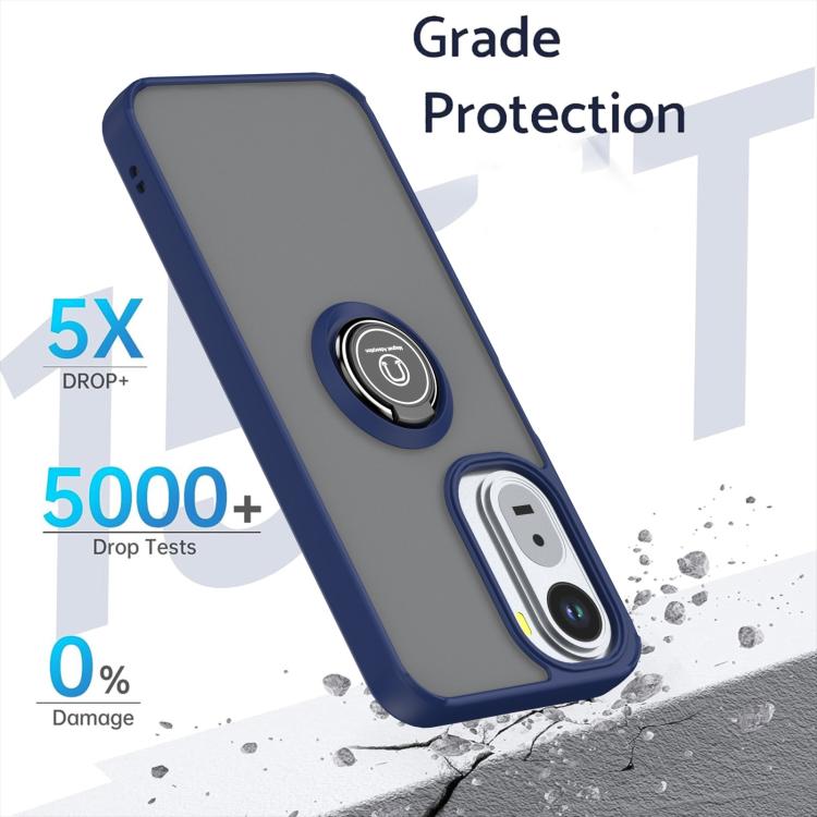 Dark blue TPU phone case with ring kickstand, corner drop-protection design