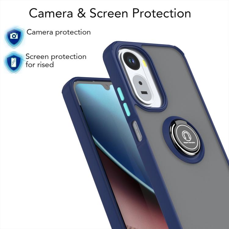 Blue TPU phone case with ring kickstand and raised camera and screen edges