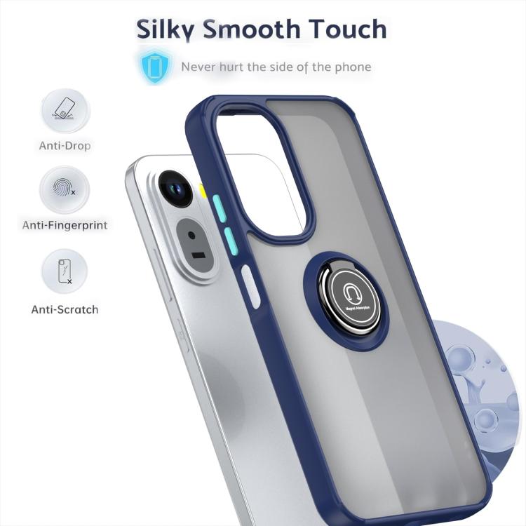 Blue TPU phone case with ring kickstand, smooth touch frame and cutouts