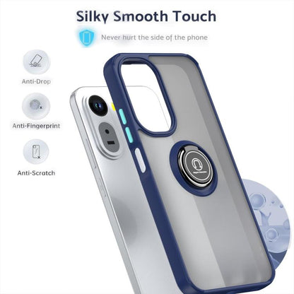Blue TPU phone case with ring kickstand, smooth touch frame and cutouts