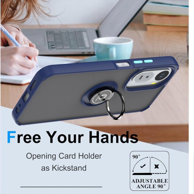 Blue TPU phone case with ring kickstand, phone held in portrait stand position