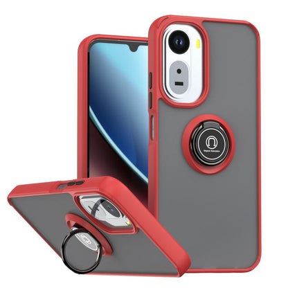 Red and black TPU phone case with ring kickstand and raised camera bumper