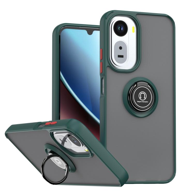 Dark green TPU phone case with ring kickstand and raised camera and speaker edges