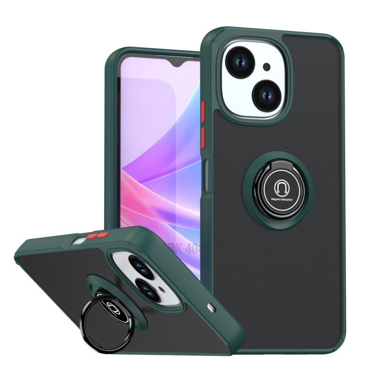 Phone case with ring holder, dark green frame with black back and camera cutout covers