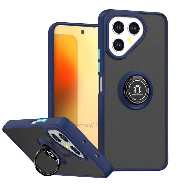 Phone case with ring holder, royal blue frame with dark back and dual camera cutouts