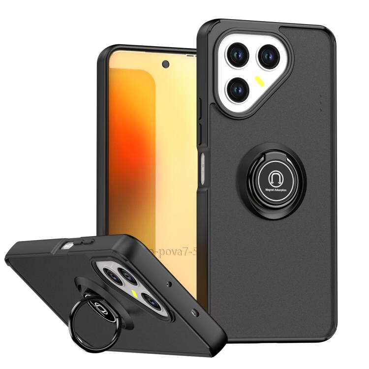 Phone case with ring holder, black frame with dark back and dual camera cutouts