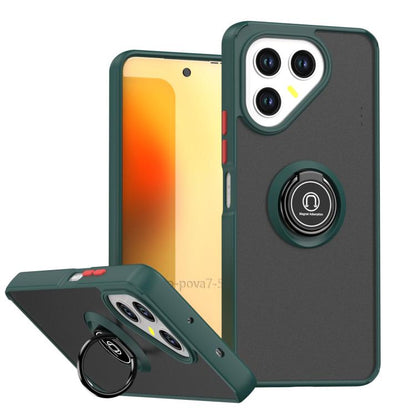 Phone case with ring holder, dark green frame with black back and built-in stand ring