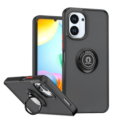 Black TPU phone case with ring holder, raised camera covers, kickstand support