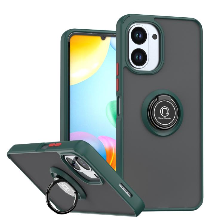 Dark green TPU phone case with ring holder, raised camera covers, kickstand support