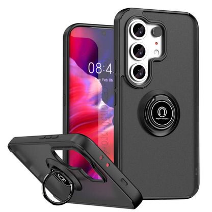 Black TPU phone case with ring holder, raised camera covers, kickstand support