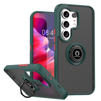 Dark green TPU phone case with ring holder, raised camera covers, kickstand support