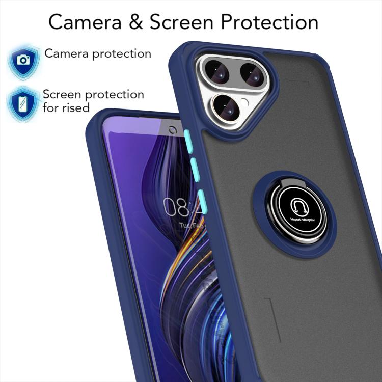 Blue and gray phone case with ring holder, camera and screen protection edges