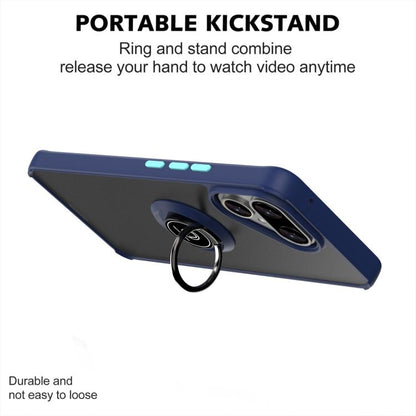 Blue phone case with built-in ring kickstand, sturdy back and camera cutouts