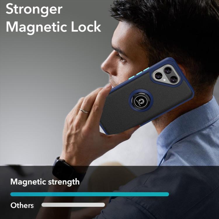Blue phone case with metal ring holder and secure magnetic-style lock for Tecno phones