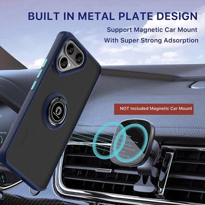 Blue phone case with ring plate for car mount and raised camera cutouts