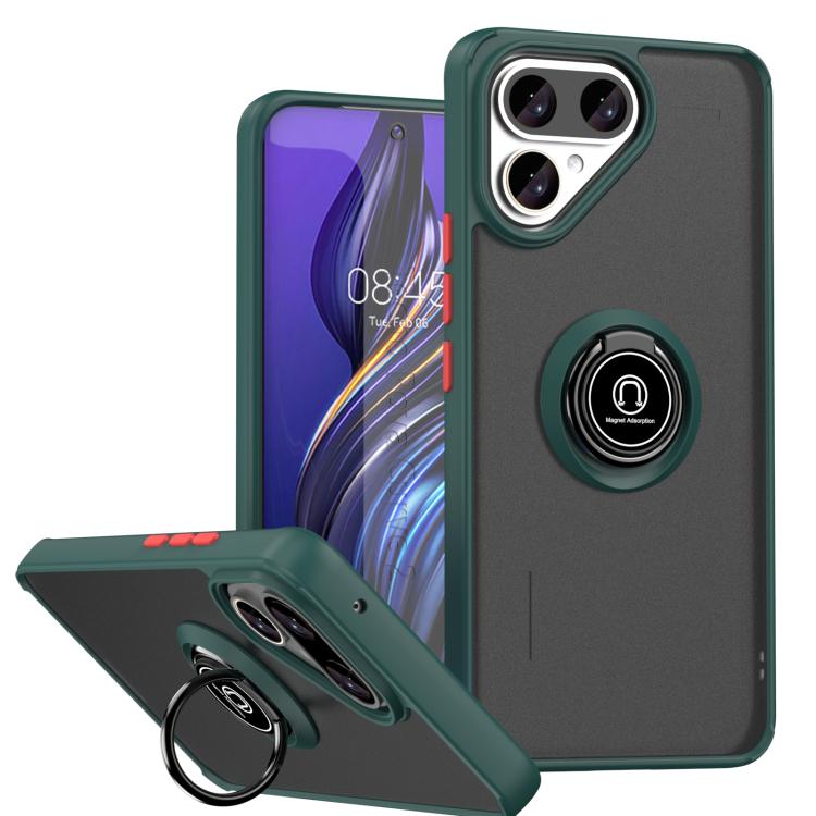 Dark green phone case with ring holder and raised camera protection for Tecno phones