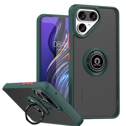 Dark green phone case with ring holder and raised camera protection for Tecno phones