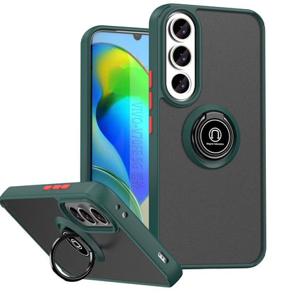Dark green phone case with ring holder, camera cutouts, and fold-out kickstand.
