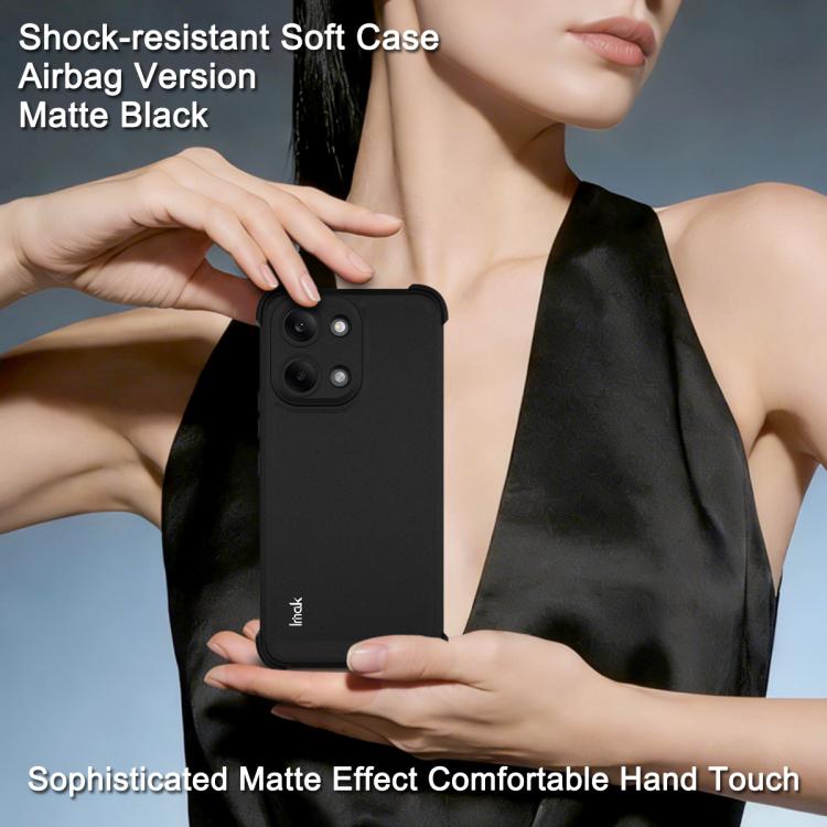 Matte black shockproof TPU phone case in hand with soft-touch feel and airbag edges