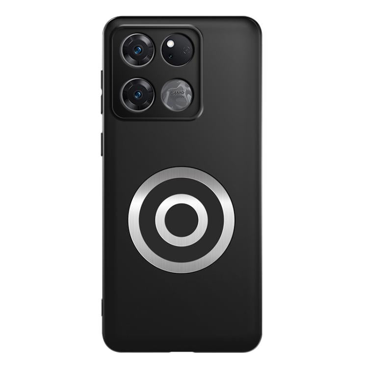 Black magnetic phone case with circular ring logo and quad-lens camera cutout panel