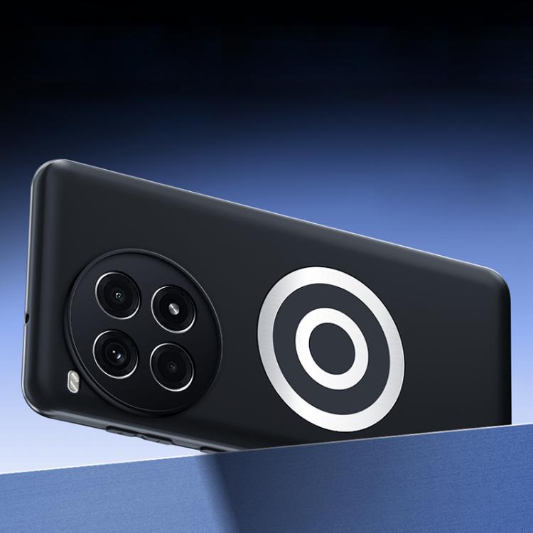 Black frosted phone case at angle with circular magnetic logo near camera module