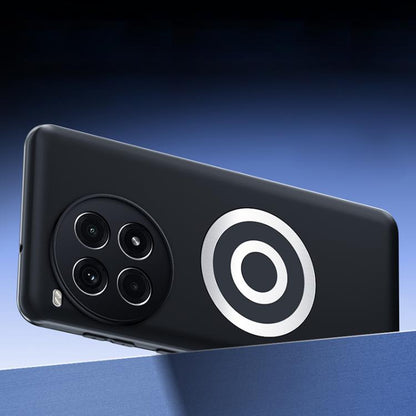 Black frosted phone case at angle with circular magnetic logo near camera module