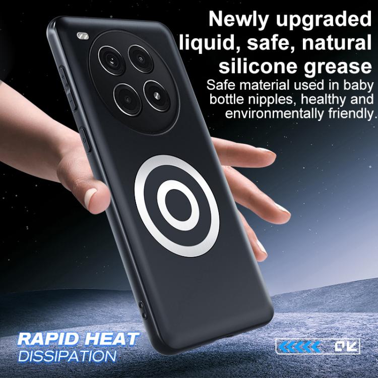 Black frosted phone case held in hand with circular magnetic logo and camera cutouts