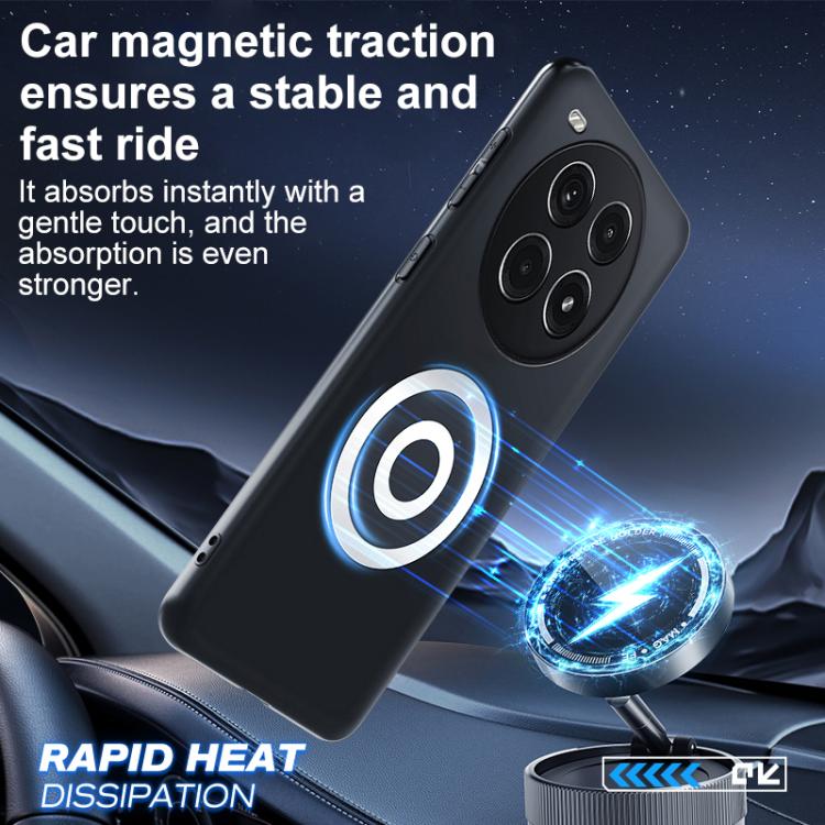 Black frosted phone case angled with circular magnetic logo and camera cutouts