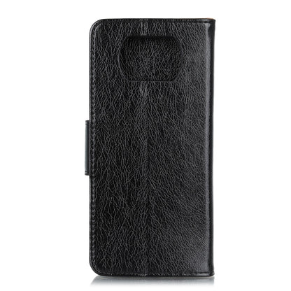Black leather-texture flip phone case back view with protective cover.