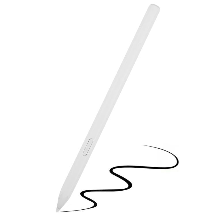 White stylus pen with pointed tip and small side button for tablet touch screens.