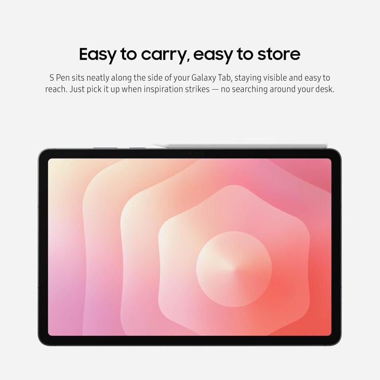 Touchscreen tablet with stylus-friendly design text on screen.