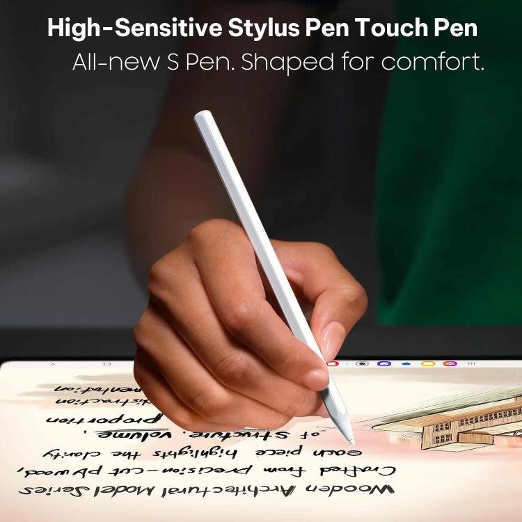 Hand holding a white stylus pen writing on a tablet screen.