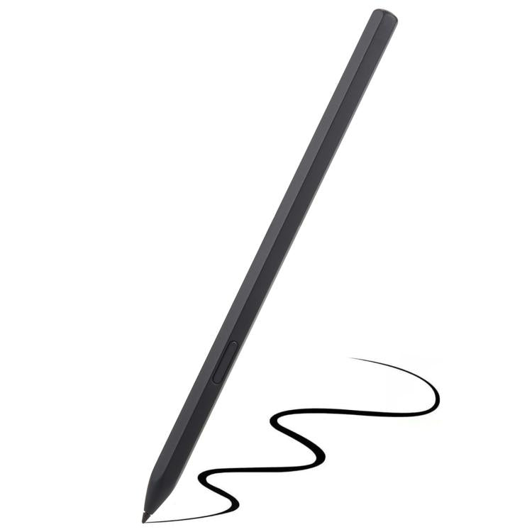 Black stylus pen with pointed tip and small side button for tablet touch screens.