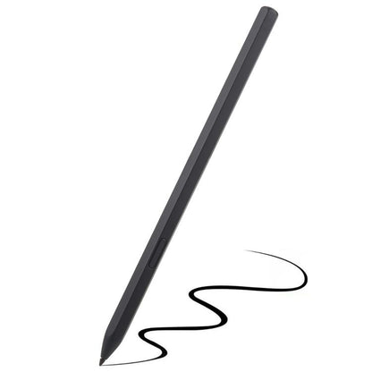 Black stylus pen with pointed tip and small side button for tablet touch screens.